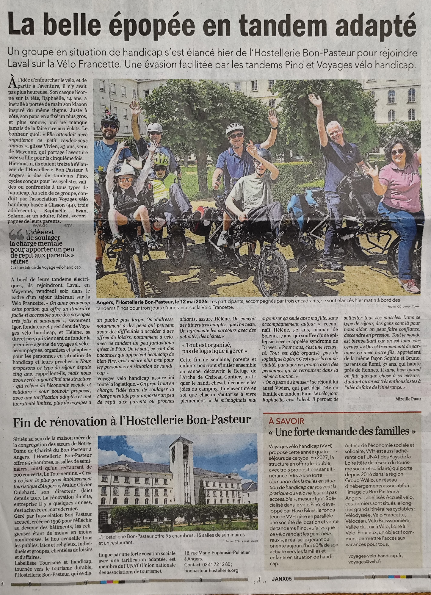 Article sur Voyages Vélo Handicap dans le Courrier de l'Ouest du 14 mai 2026